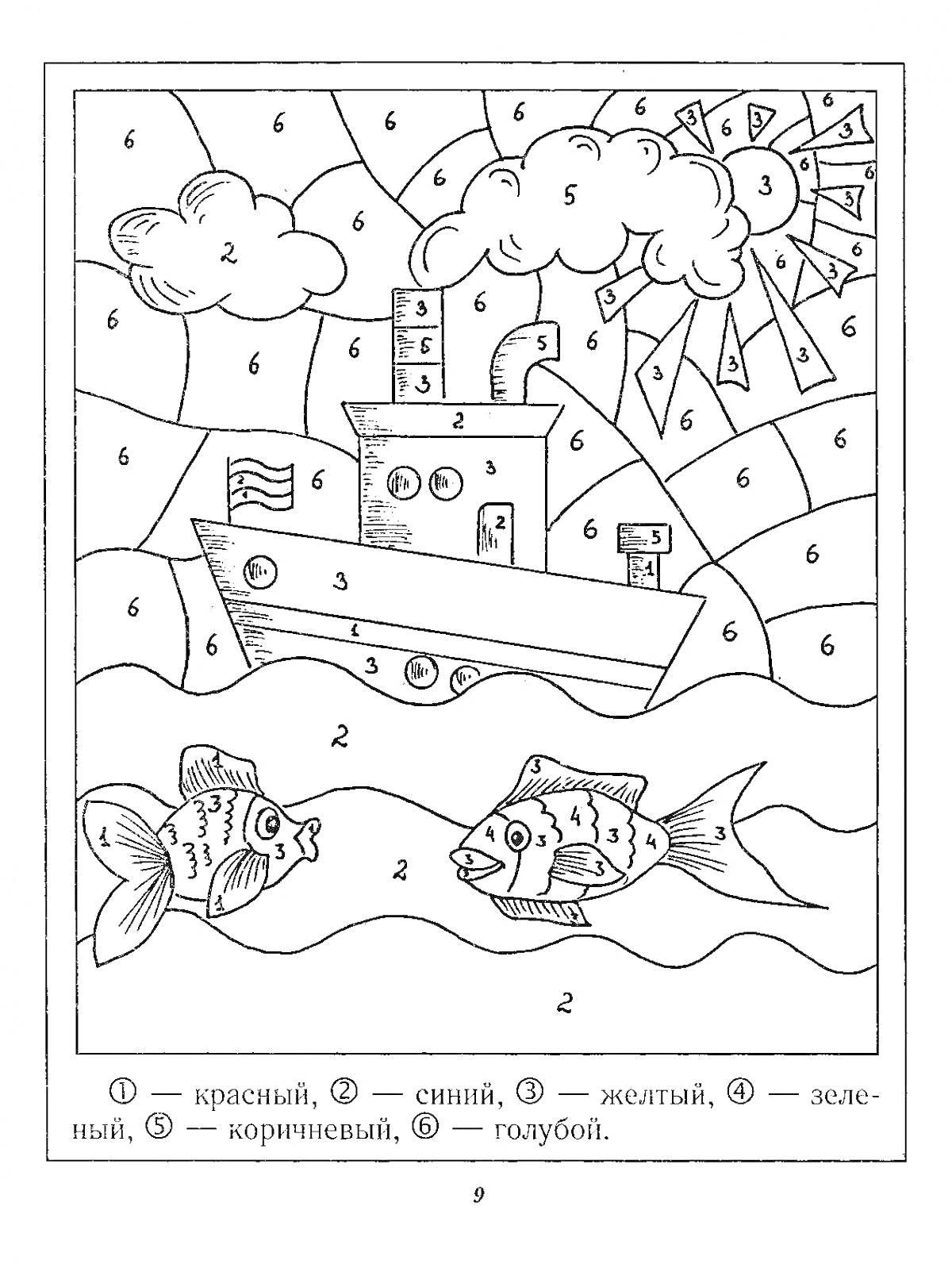 На раскраске изображено: По номерам, Для мальчиков, Корабль, Солнце, Облака, Море, 7 лет, Творчество, Разукрашка