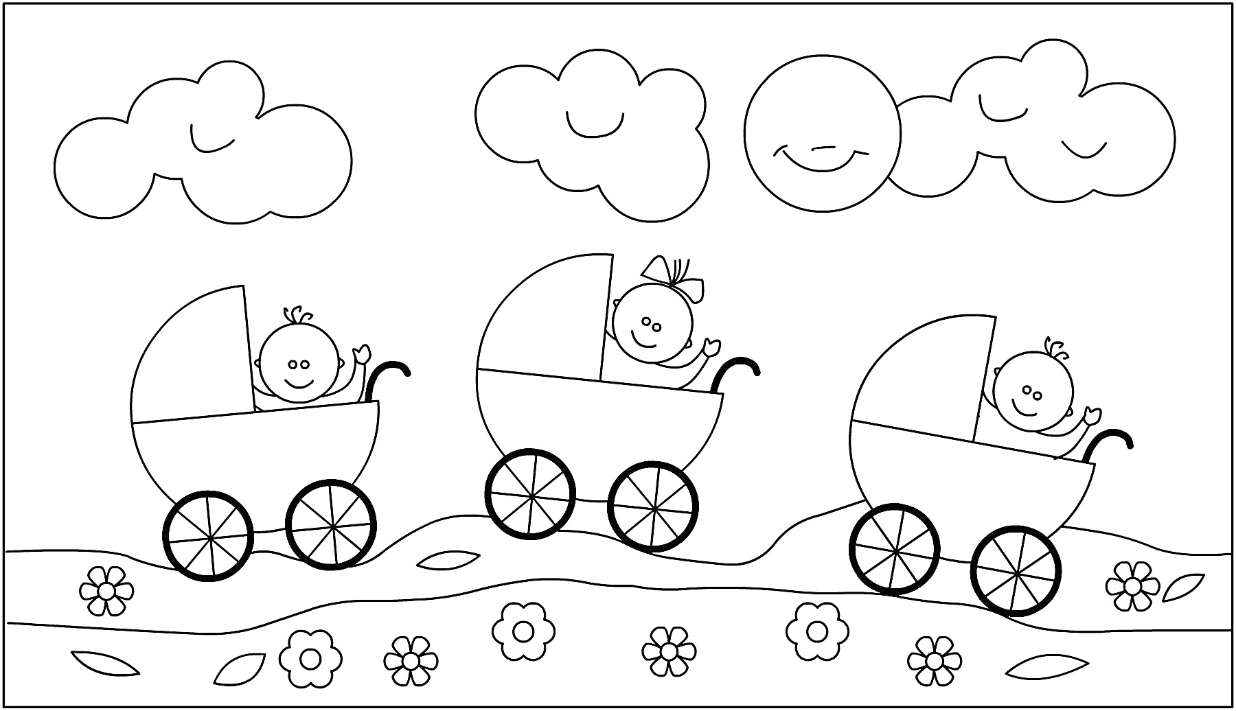 Раскраска Три детские коляски с детьми на фоне облаков, солнца и цветов
