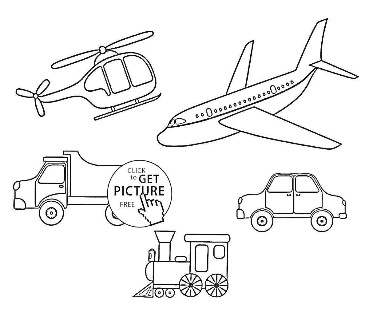 Раскраска Вертолет, самолет, грузовик, легковая машина, паровозик