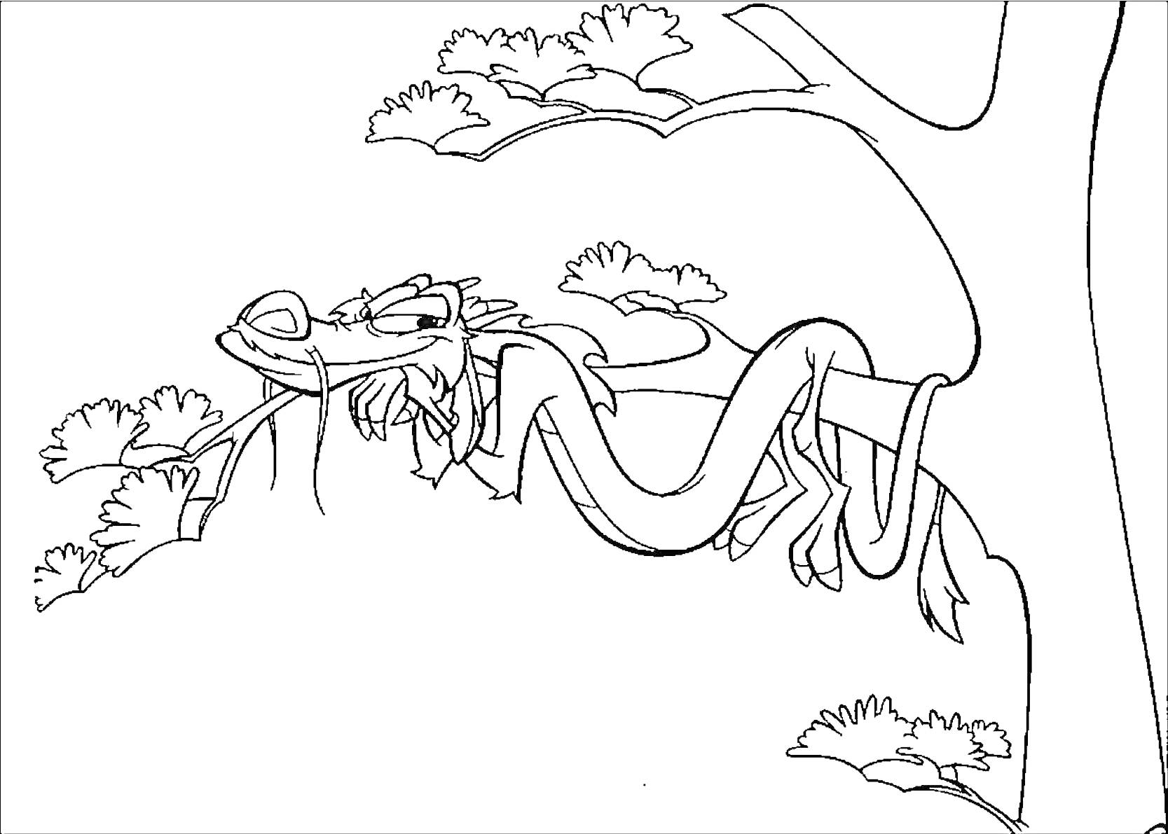 Раскраска Дракон Мушу лежит на ветке дерева среди листьев