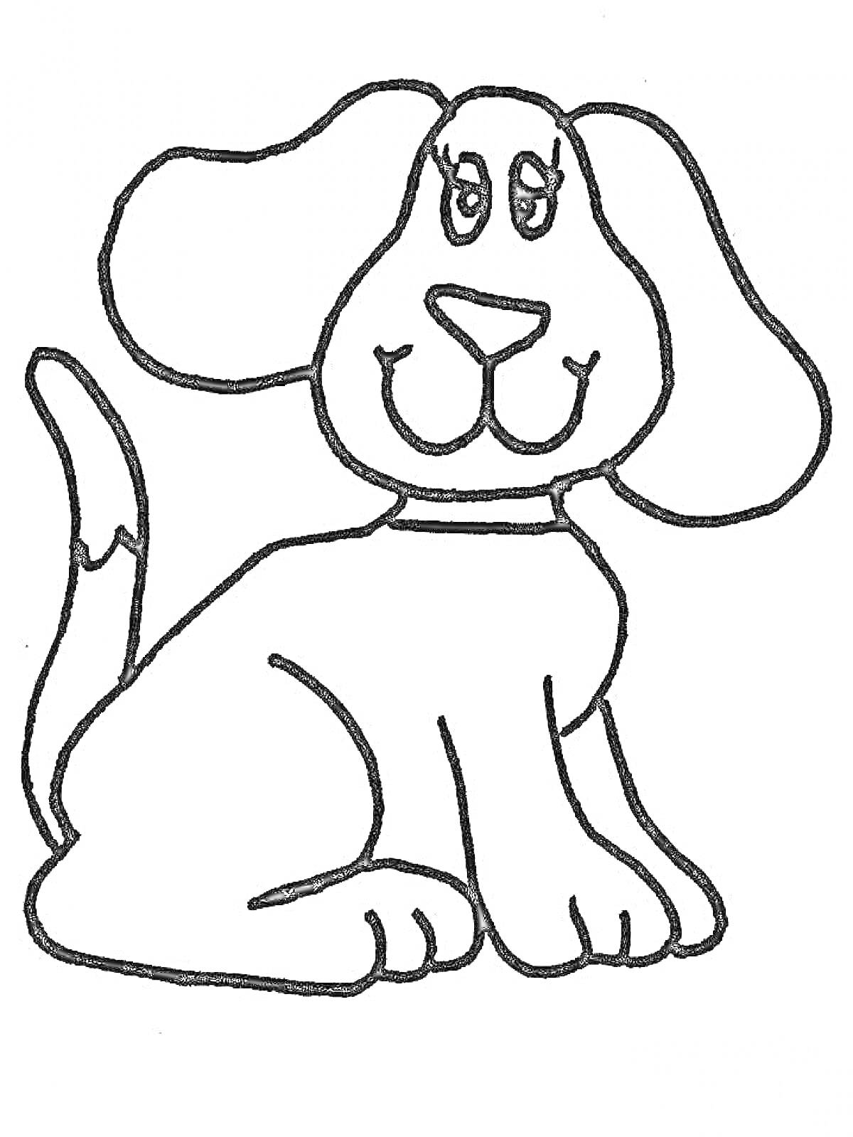 На раскраске изображено: Собака, Для детей 3-4 лет, Большие уши, Хвост, Ошейник, Для детей, Животные