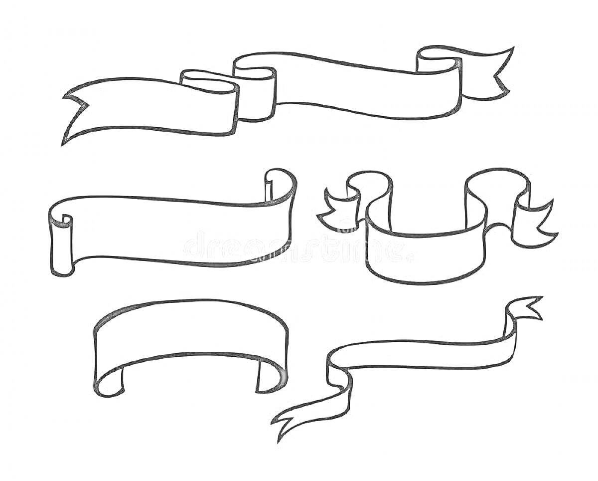 Раскраска Рисунок с пятью типами лент - две закрученные ленты, две ленты с бантом по концам, одна простая прямая лента