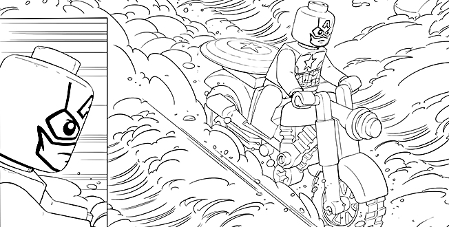 Раскраска Лего персонаж в маске, на мотоцикле, в боевой сцене с волнами