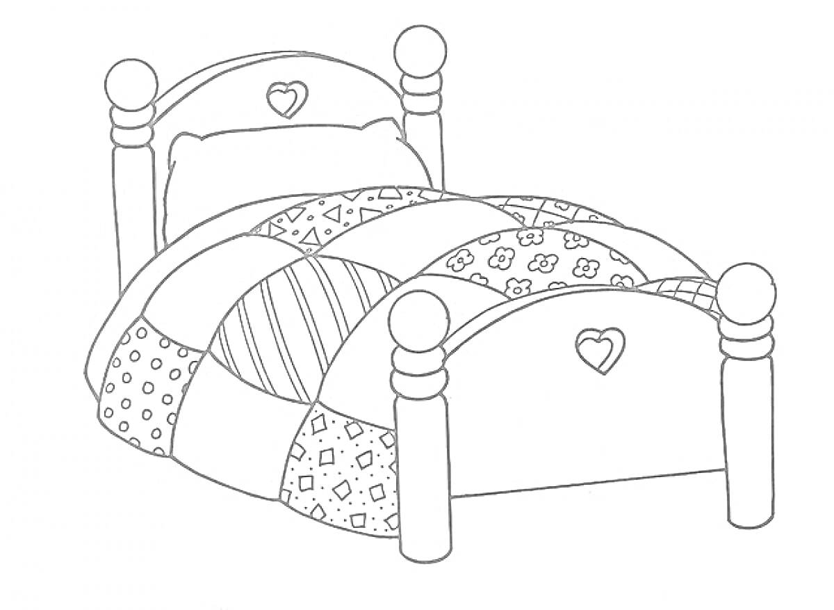 На раскраске изображено: Подушка, Покрывало, Мебель, Спальня, Кровати, Сердца, Узоры