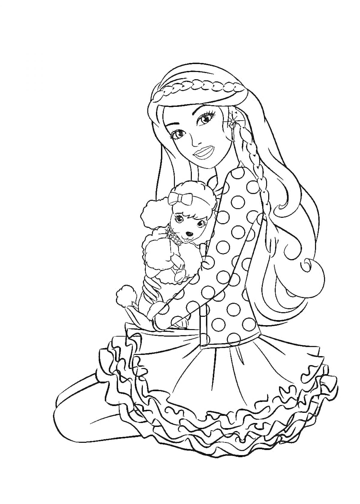 Раскраска Барби в платье с рюшами и собачка