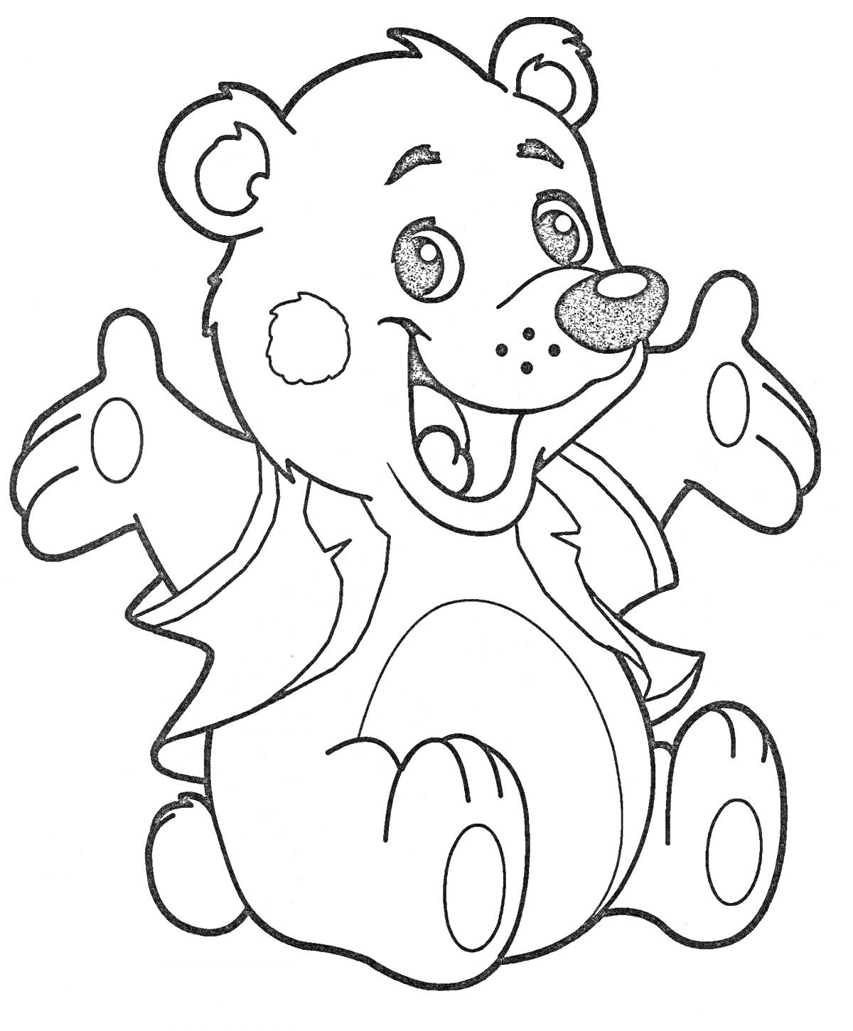 Раскраска Медвежонок с улыбкой в сидячей позе, со взмахом лап, с ушами, носом и щечками