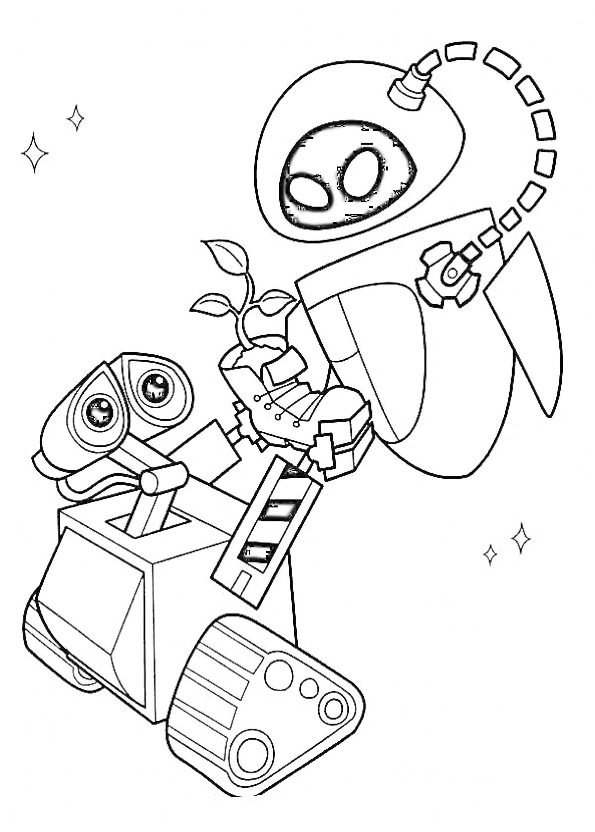 Раскраска Роботы Валли и Ева с растением и звездочками