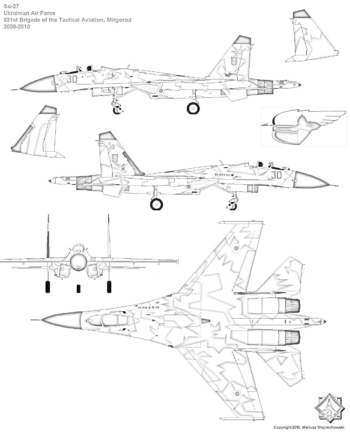 Раскраска Су-35 с изображением сверху, спереди, сбоку, а также хвостовая часть и эмблема