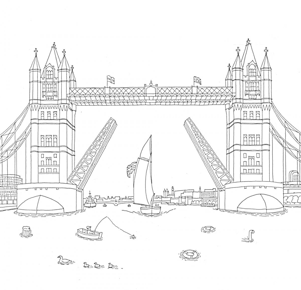 На раскраске изображено: Тауэрский мост, Лондон, Речка, Парусная лодка, Суда, Подъемный мост, Архитектура