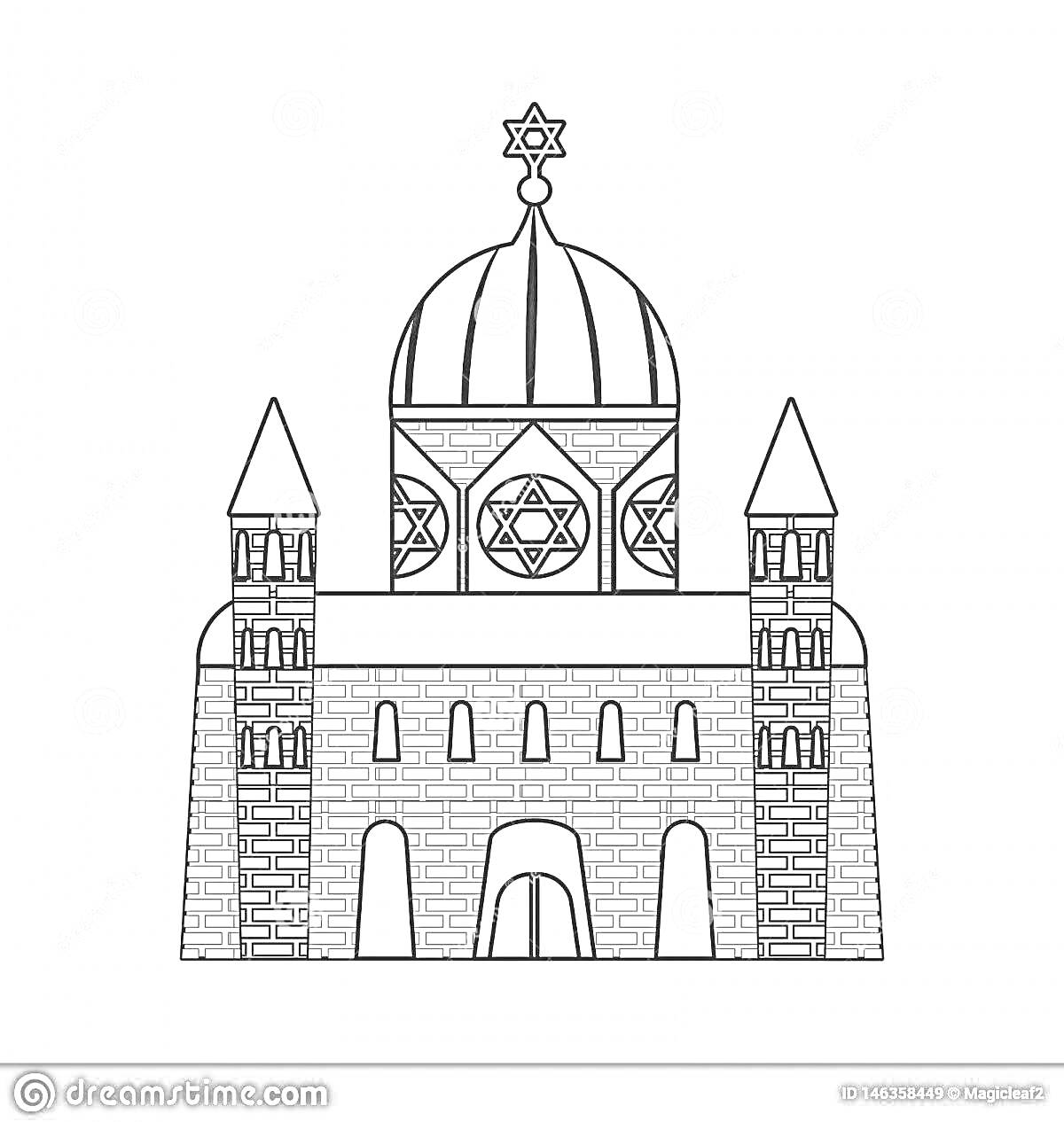 Раскраска Синагога с куполом, звездой Давида и двумя башнями