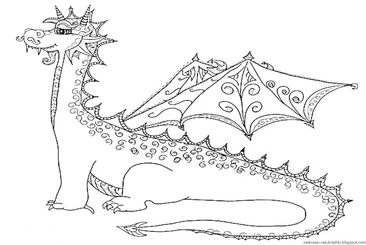 Раскраска Дракон с декоративными узорами на крыльях и теле