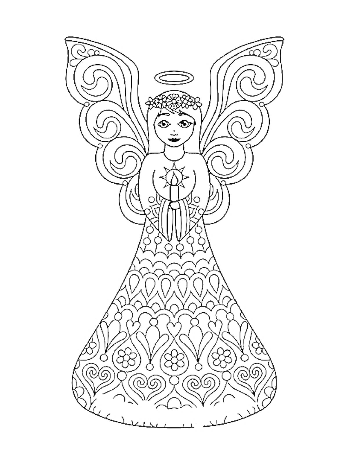 Раскраска Ангел с узорчатым платьем, цветком в руках и нимбом