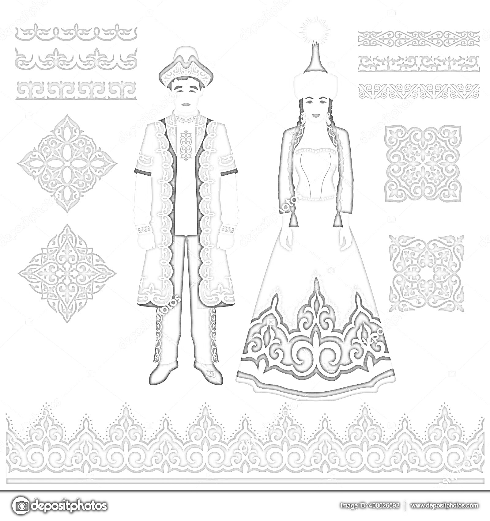 Раскраска Казахский камзол для мальчика и девочки с головными уборами, узорами и орнаментами