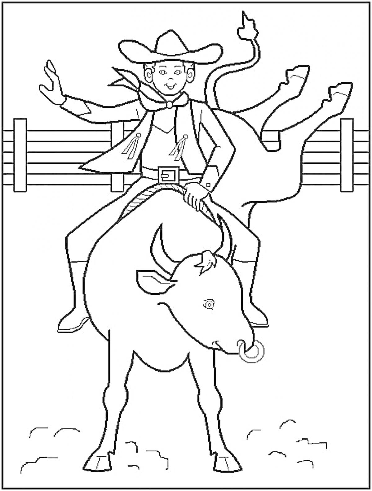 Раскраска Ковбой на быке с забором на заднем плане