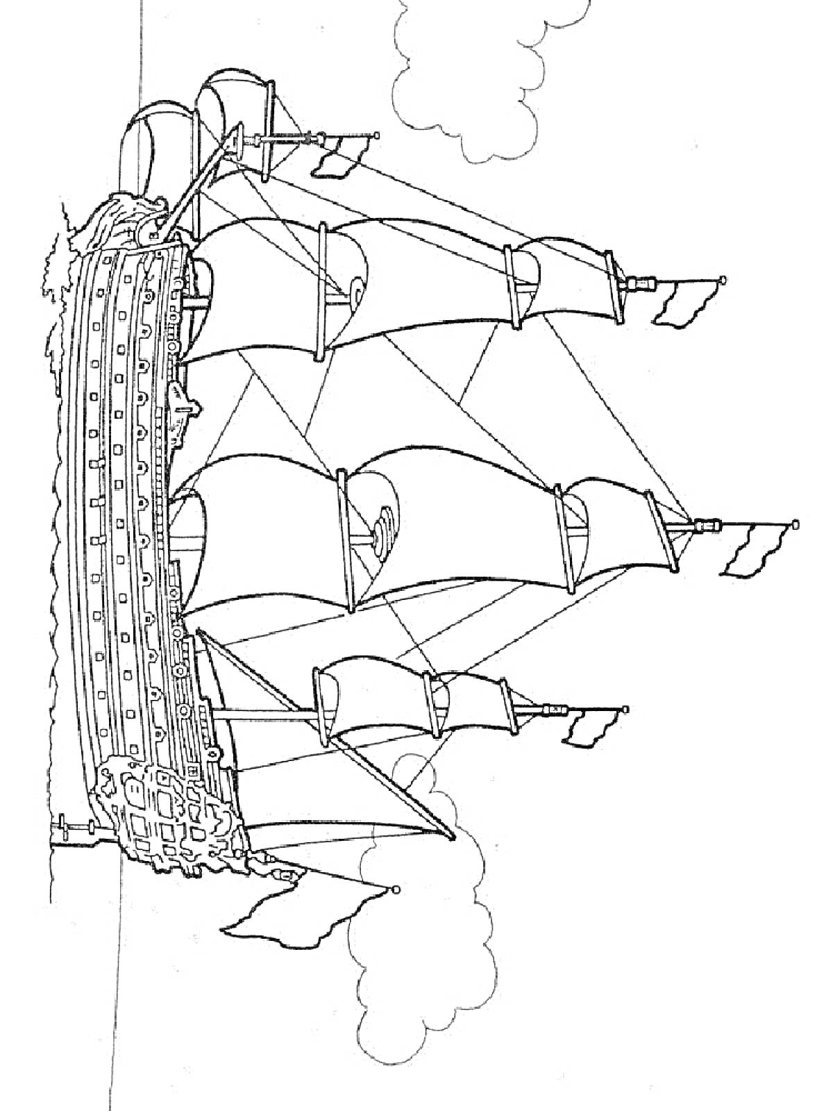 Раскраска Парусный корабль с поднятыми парусами на фоне облаков