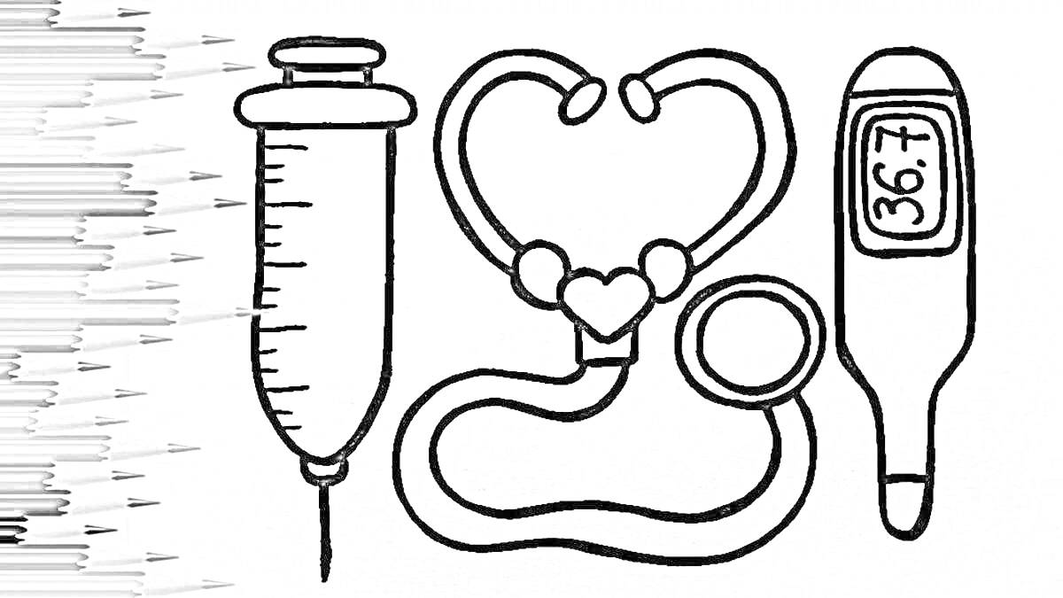На раскраске изображено: Шприц, Стетоскоп, Градусник, Медицинские инструменты, Здоровье, Медицина