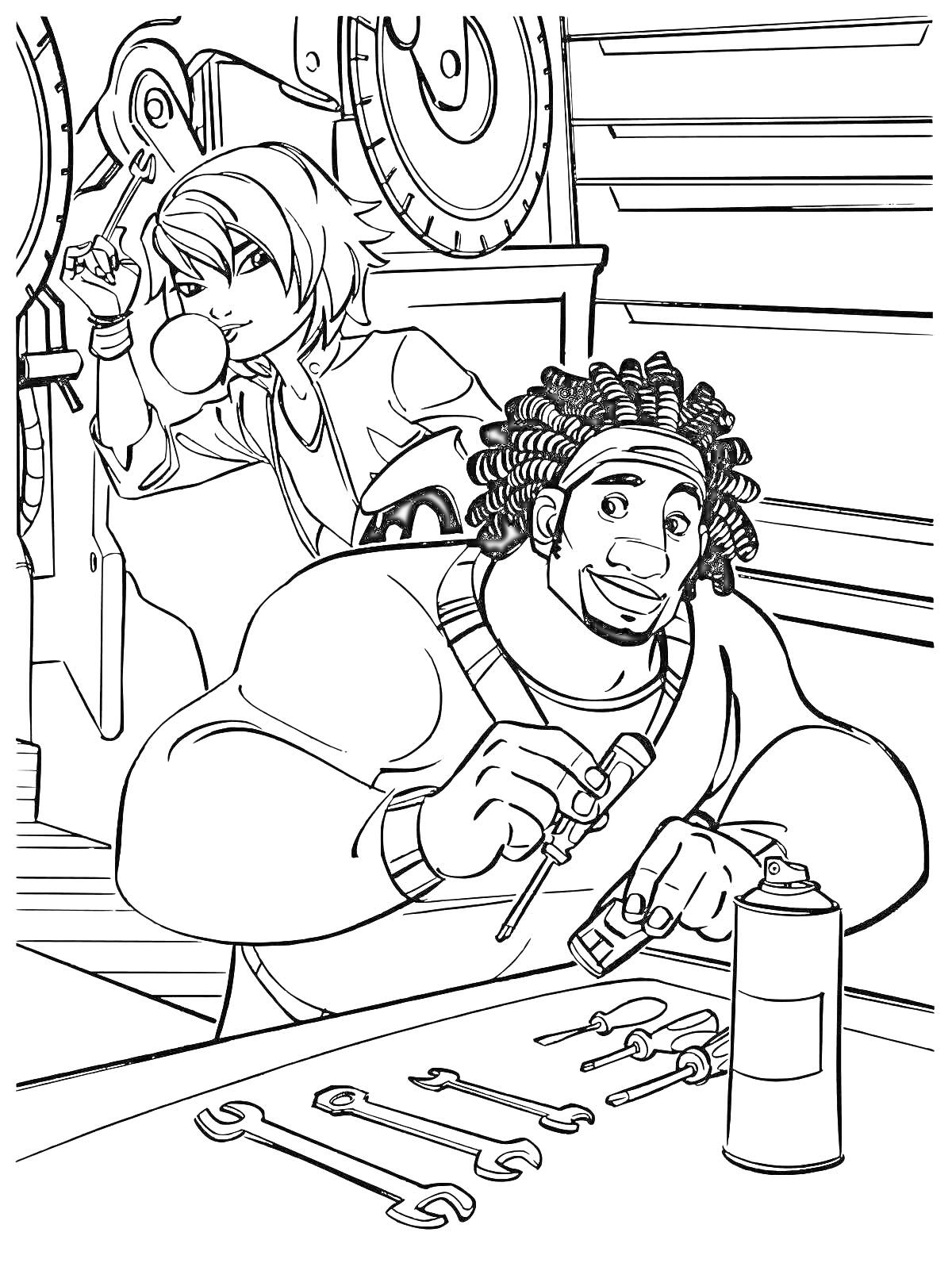 Раскраска Два человека в мастерской с инструментами, один из которых жует жвачку