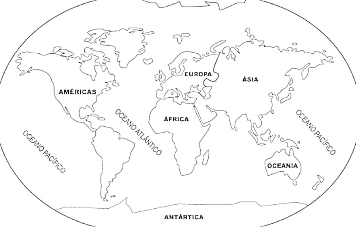 Раскраска Контурная карта мира с отмеченными континентами и океанами (АМЕРИКАС, ЕУРОПА, АФРИКА, АЗИА, ОЦЕАНИА) и океанами (ОЦЕАНО ПАЦИФИЦО, ОЦЕАНО АТЛАНТИЦО, ОЦЕАНО ИНДИЦО)