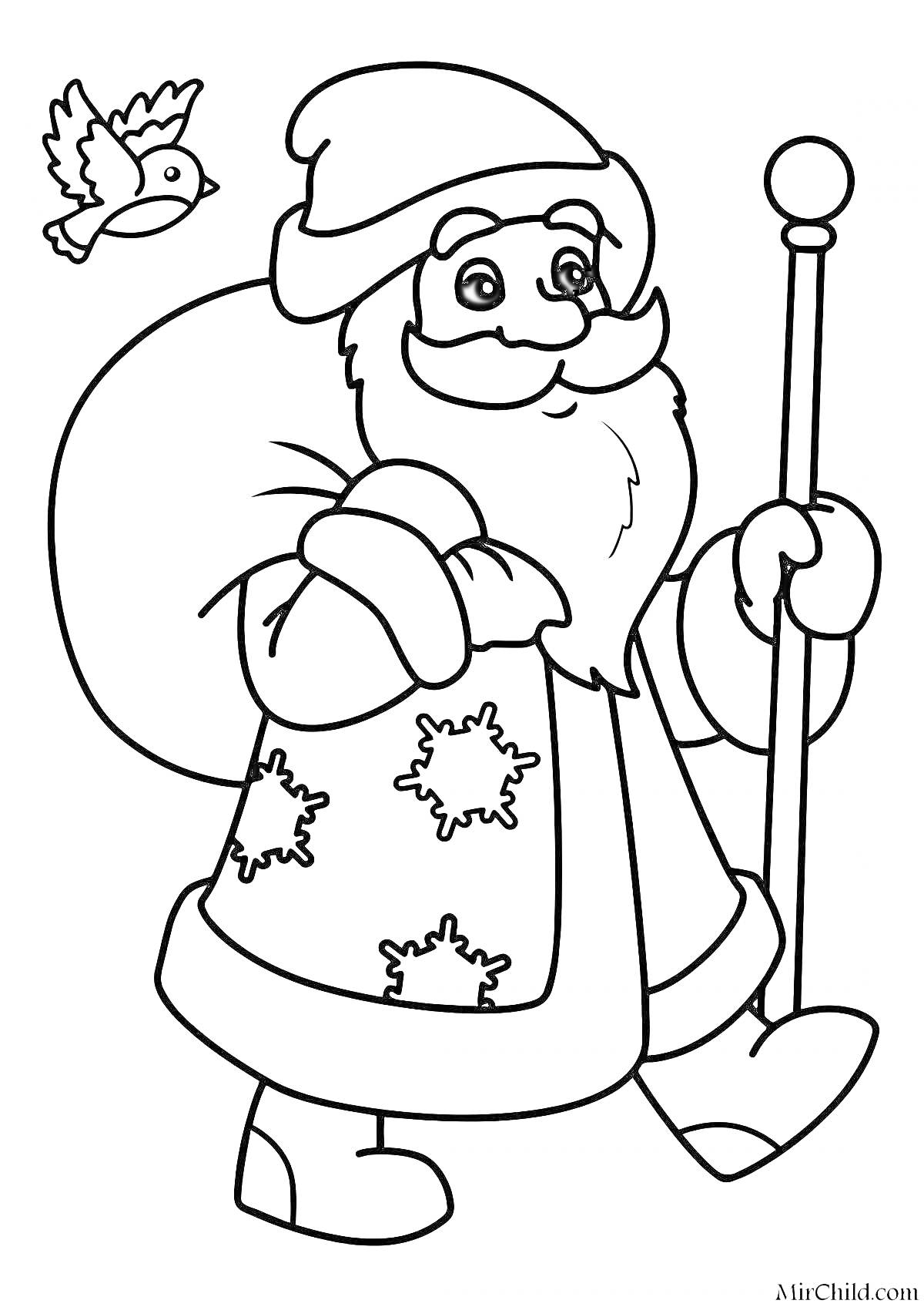 На раскраске изображено: Дед Мороз, Новый год, Птица, Для детей, 3-4 года, Зима, Снежинки, Мешок с подарками, Посохи