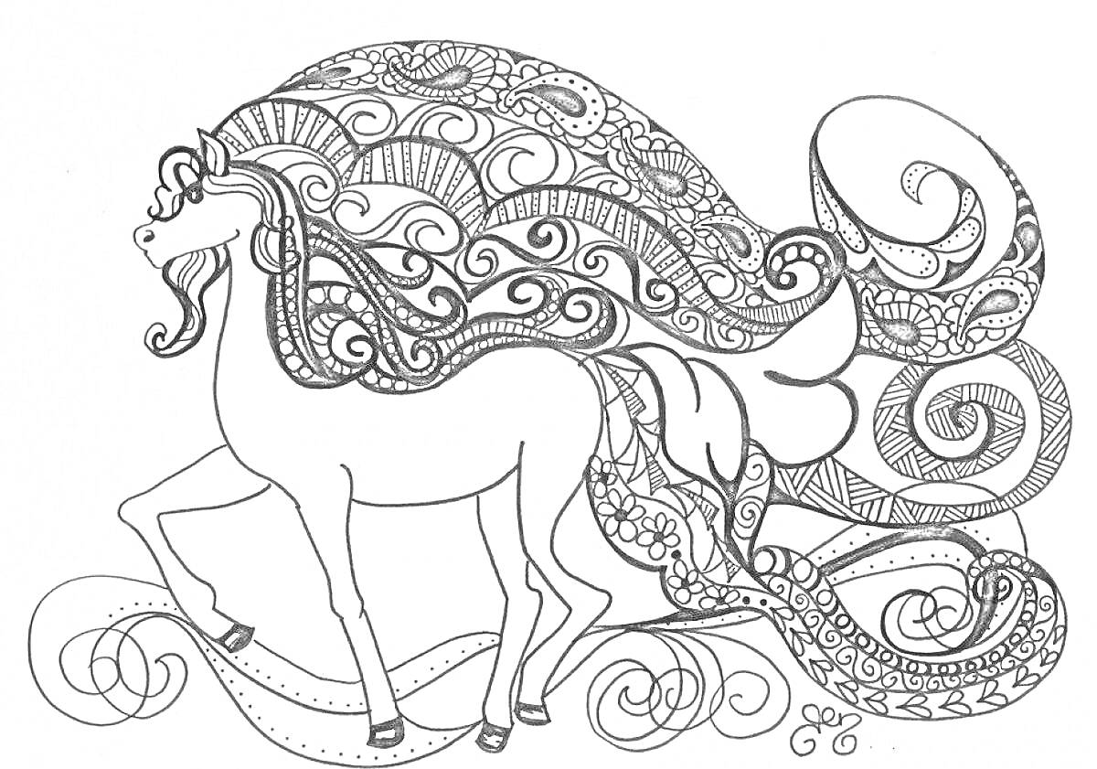 Раскраска Лошадь с декоративной гривой и хвостом, узоры, линии