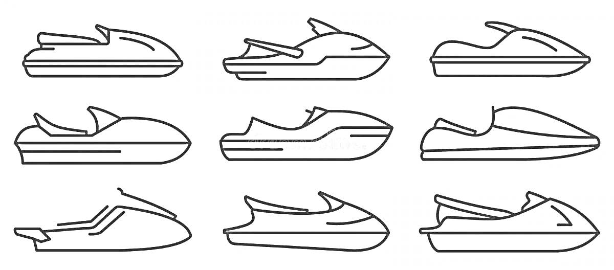 Восемь контурных изображений гидроциклов различных форм и размеров