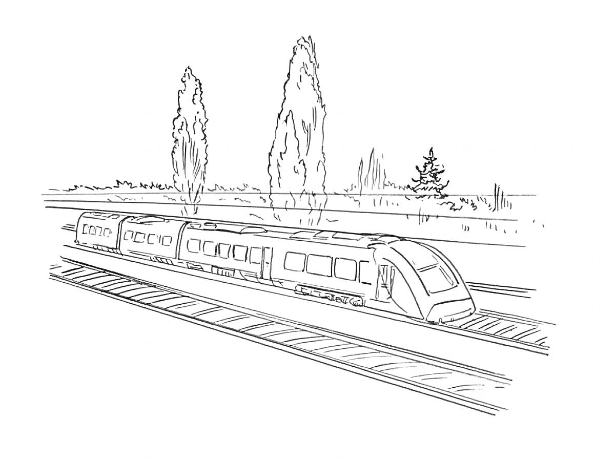 Раскраска Поезд на железной дороге с деревьями и кустами на заднем плане