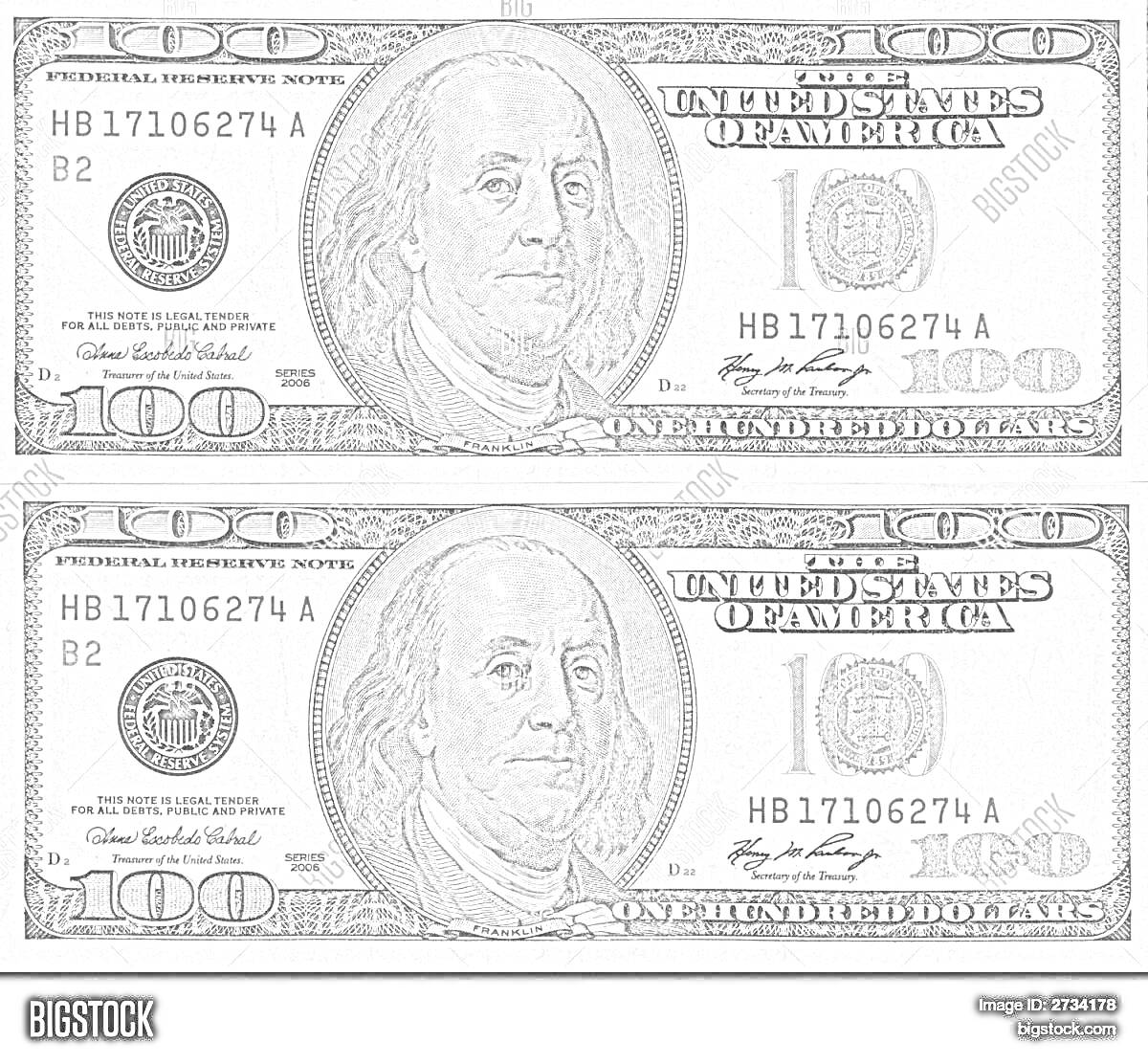 На раскраске изображено: 100 долларов, Банкнота, Деньги, США, Валюта, Два