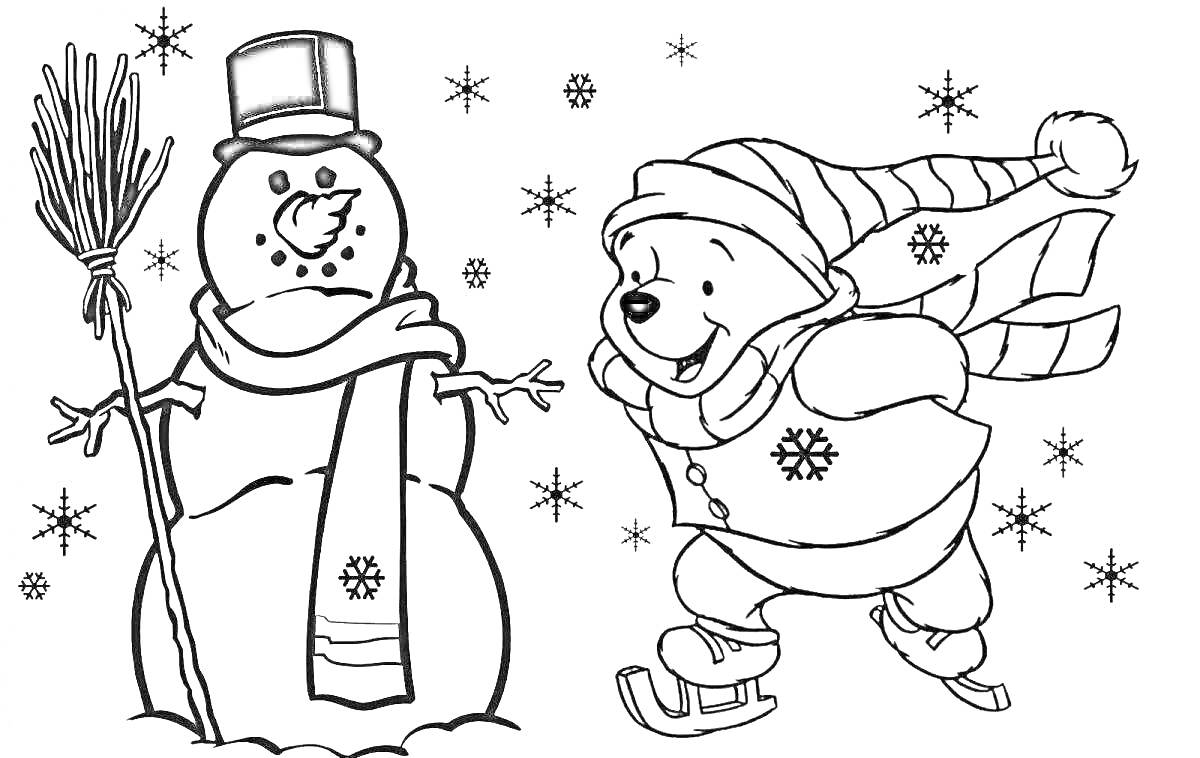 Раскраска Снеговик с метлой и мальчик в зимней одежде катается на коньках среди снежинок