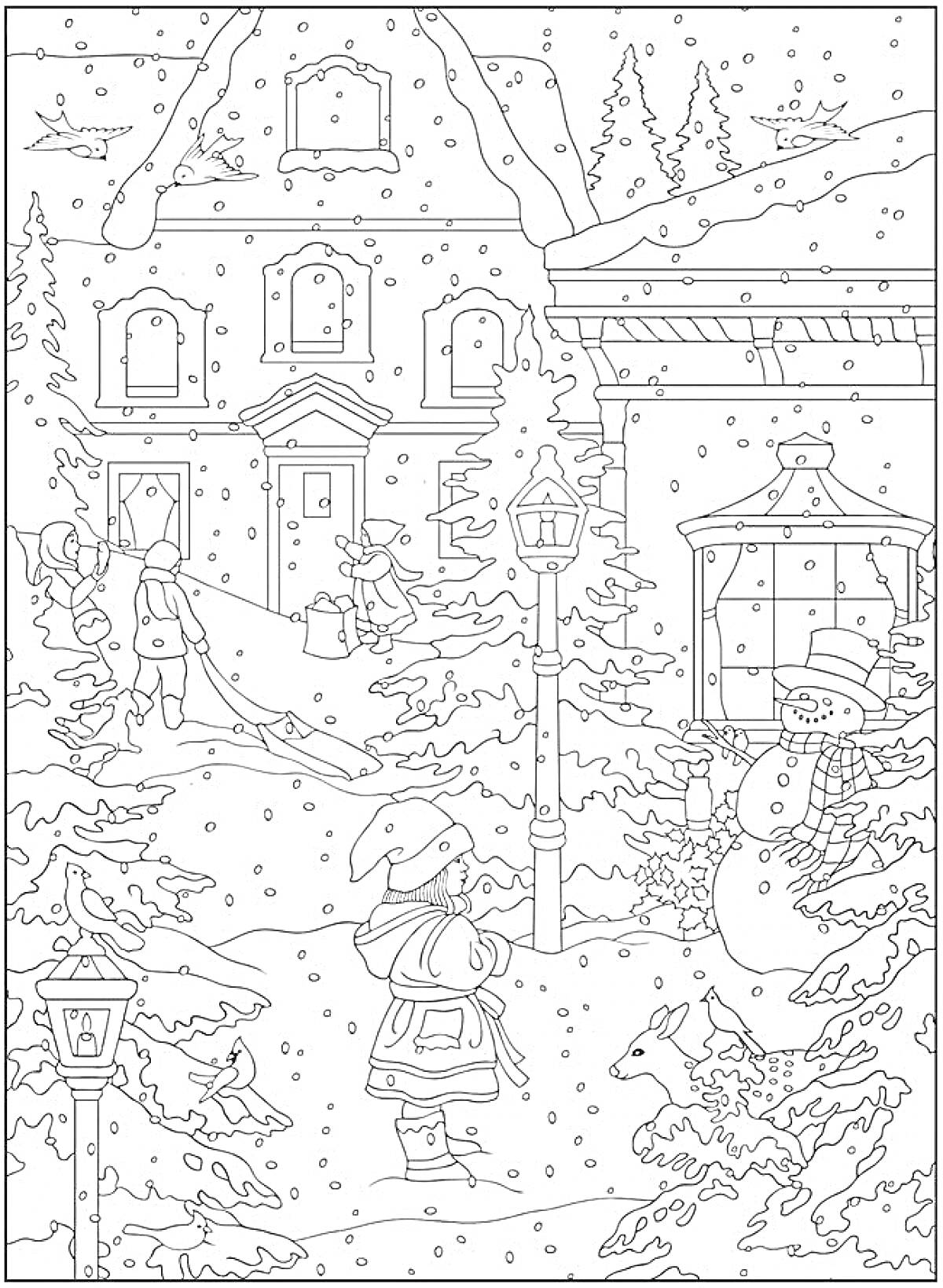 Раскраска Зимняя антистресс раскраска с домами, заснеженной улицей, детьми, снеговиком, деревьями и фонарными столбами