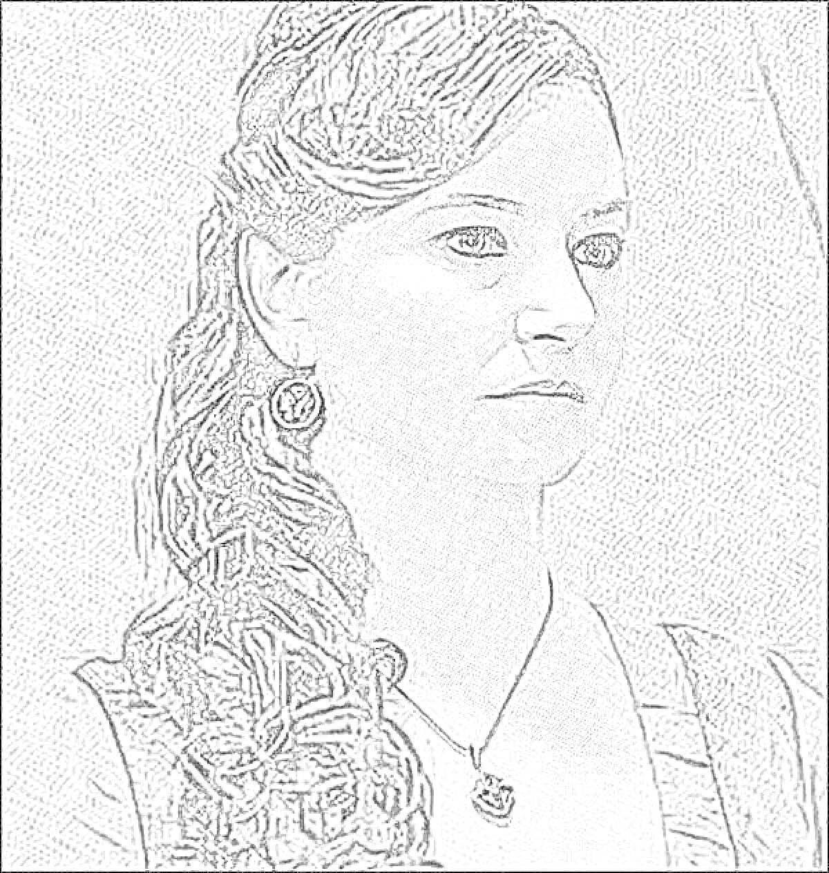Раскраска Женщина с длинными завитыми волосами, серьгой и кулоном в средневековом стиле