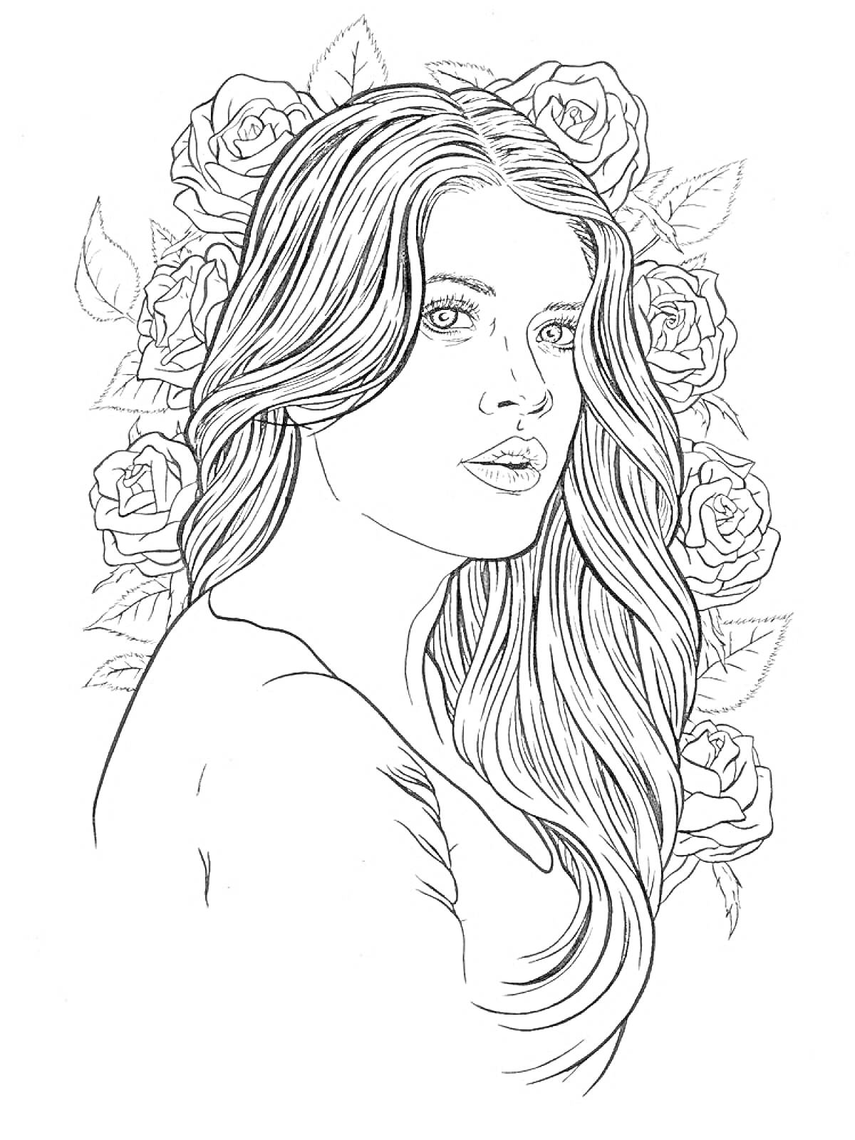 Раскраска Девушка с длинными волосами и розами на фоне