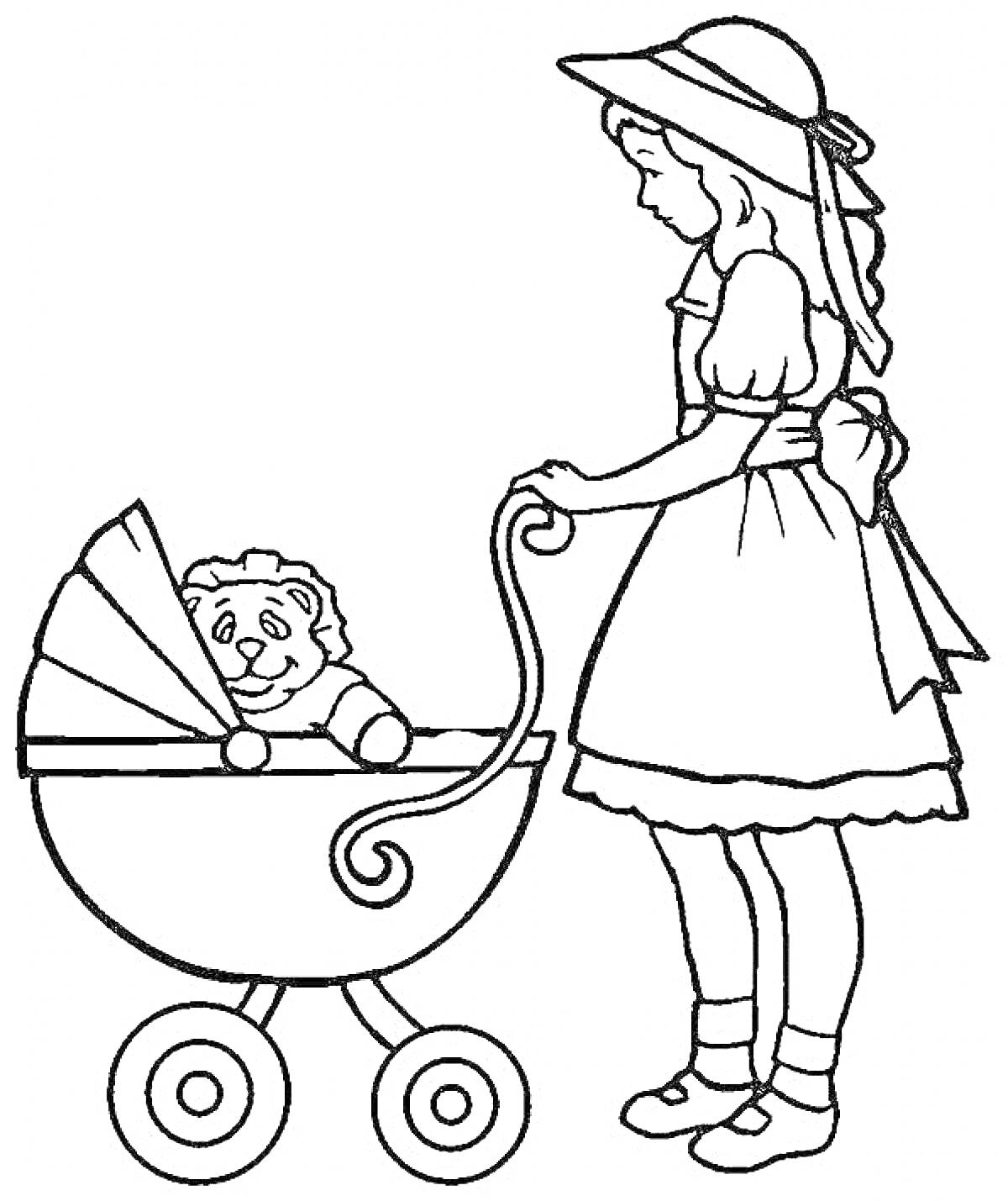 На раскраске изображено: Девочка, Коляска, Плюшевый мишка, Шляпа, Платье, Игрушка, Ребёнок, Прогулка, Игра