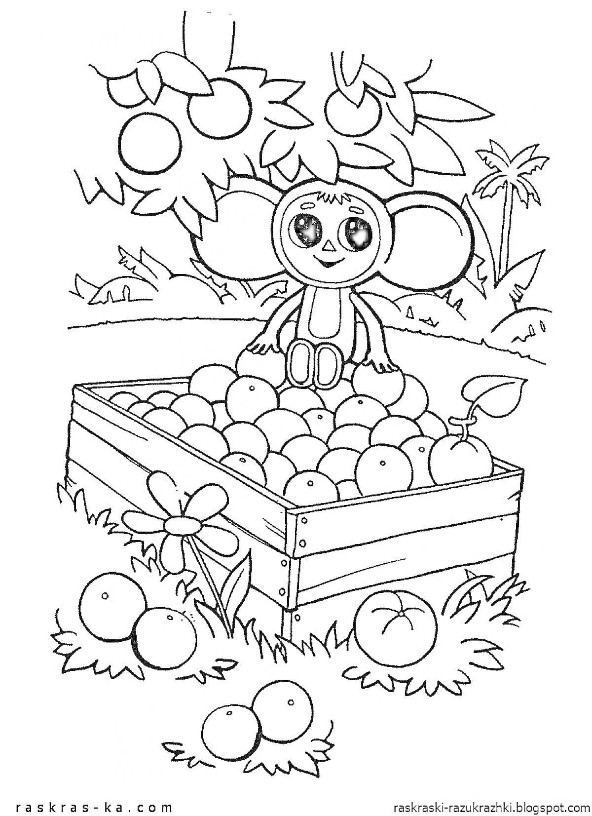 РаскраскаЧебурашка сидит на ящике, полном фруктов под яблоней