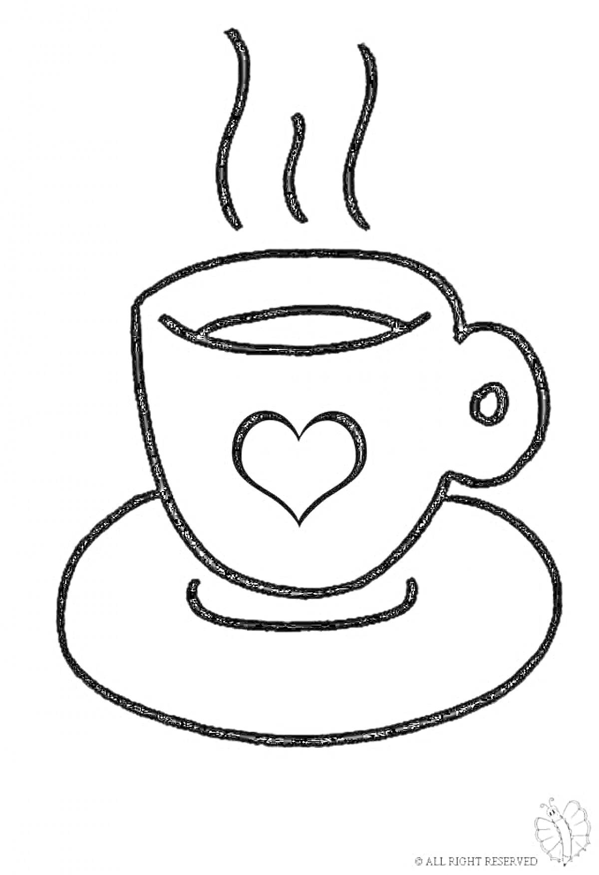 Раскраска Чашка с кофе и сердцем на блюдце