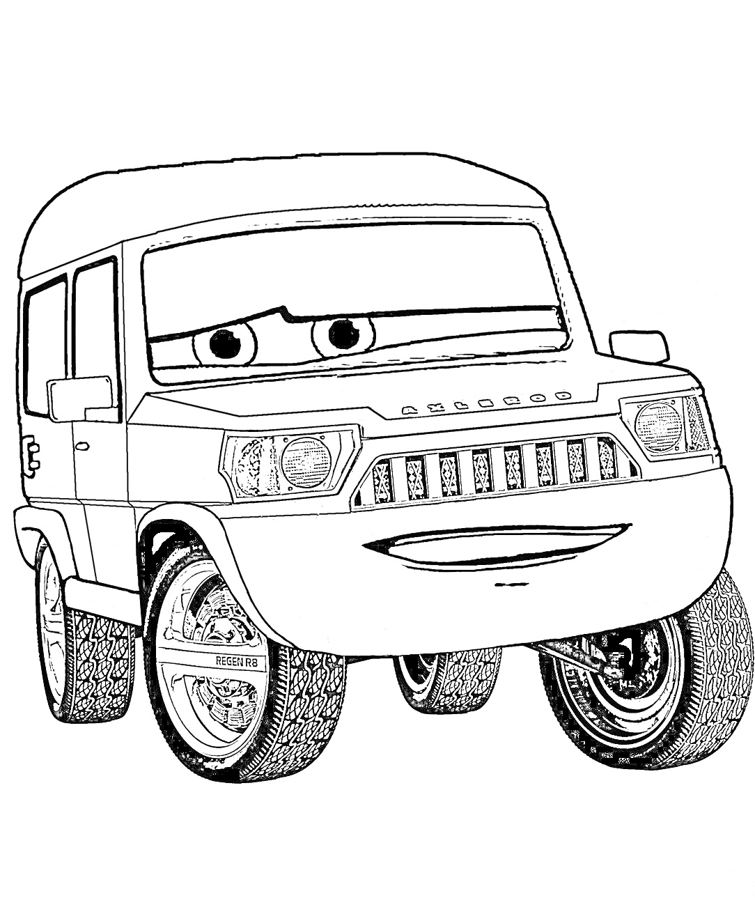 Раскраска Джип с выражением лица, большие колеса и детализированные фары