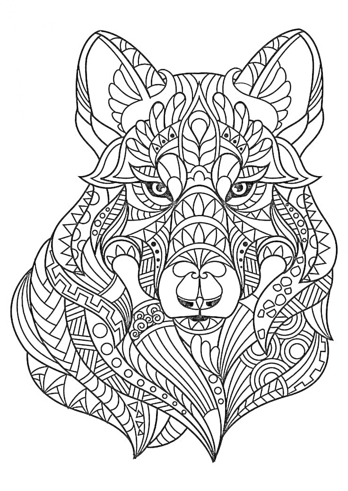 На раскраске изображено: Волк, Геометрические узоры, Абстрактные линии, Природа, Лиса