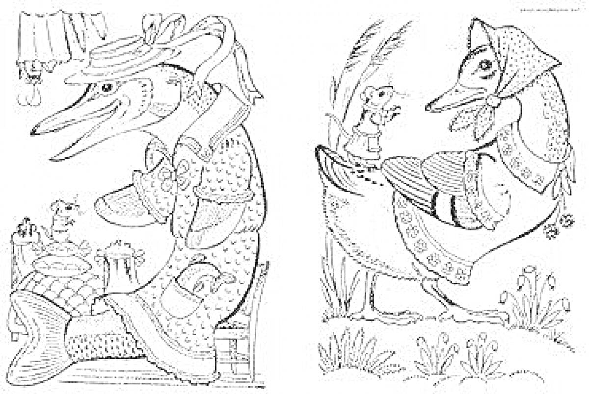 Раскраска Две изрисованные сцены: мышонок с антропоморфной уткой в одежде, мышонок с антропоморфной гусыней в деревенской одежде