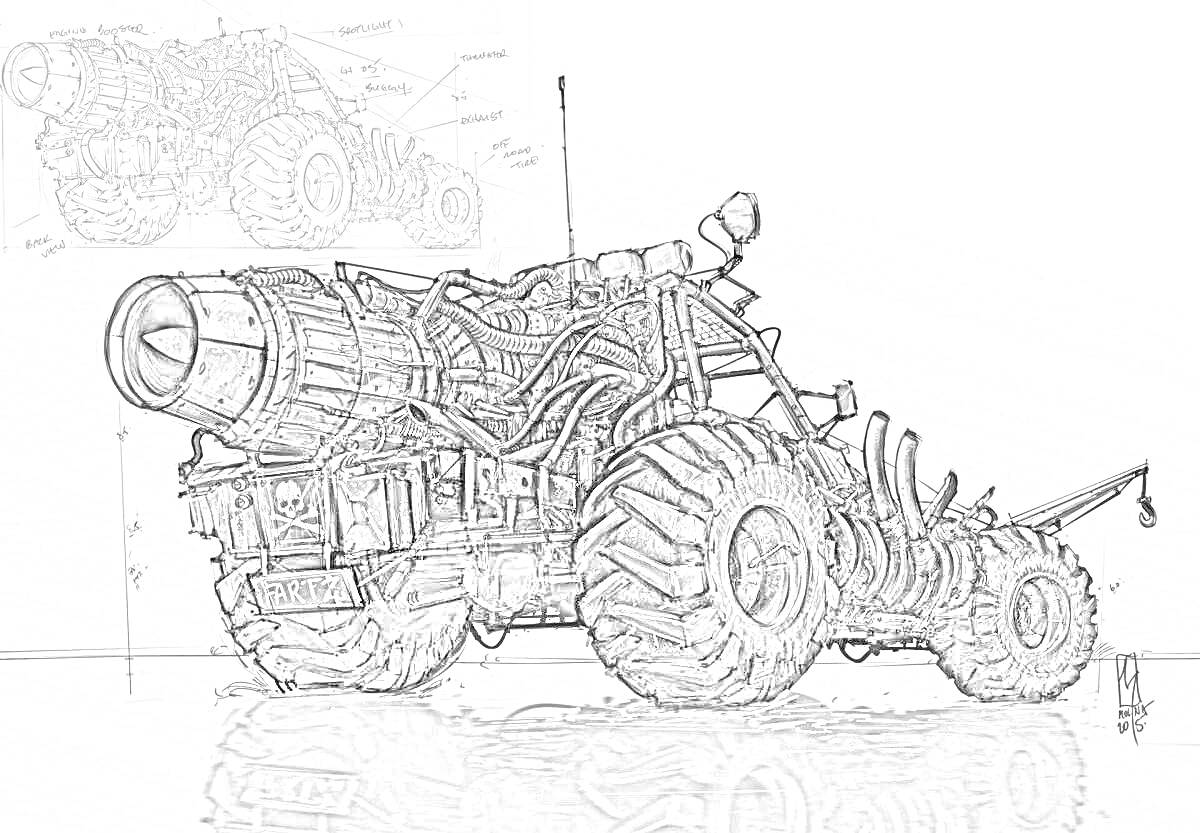 Раскраска Боевая машина из игры Crossout с большими внедорожными колёсами, тяжелой броней, вмонтированным крупным оружием на крыше, антеннами и множеством труб и проводов по корпусу