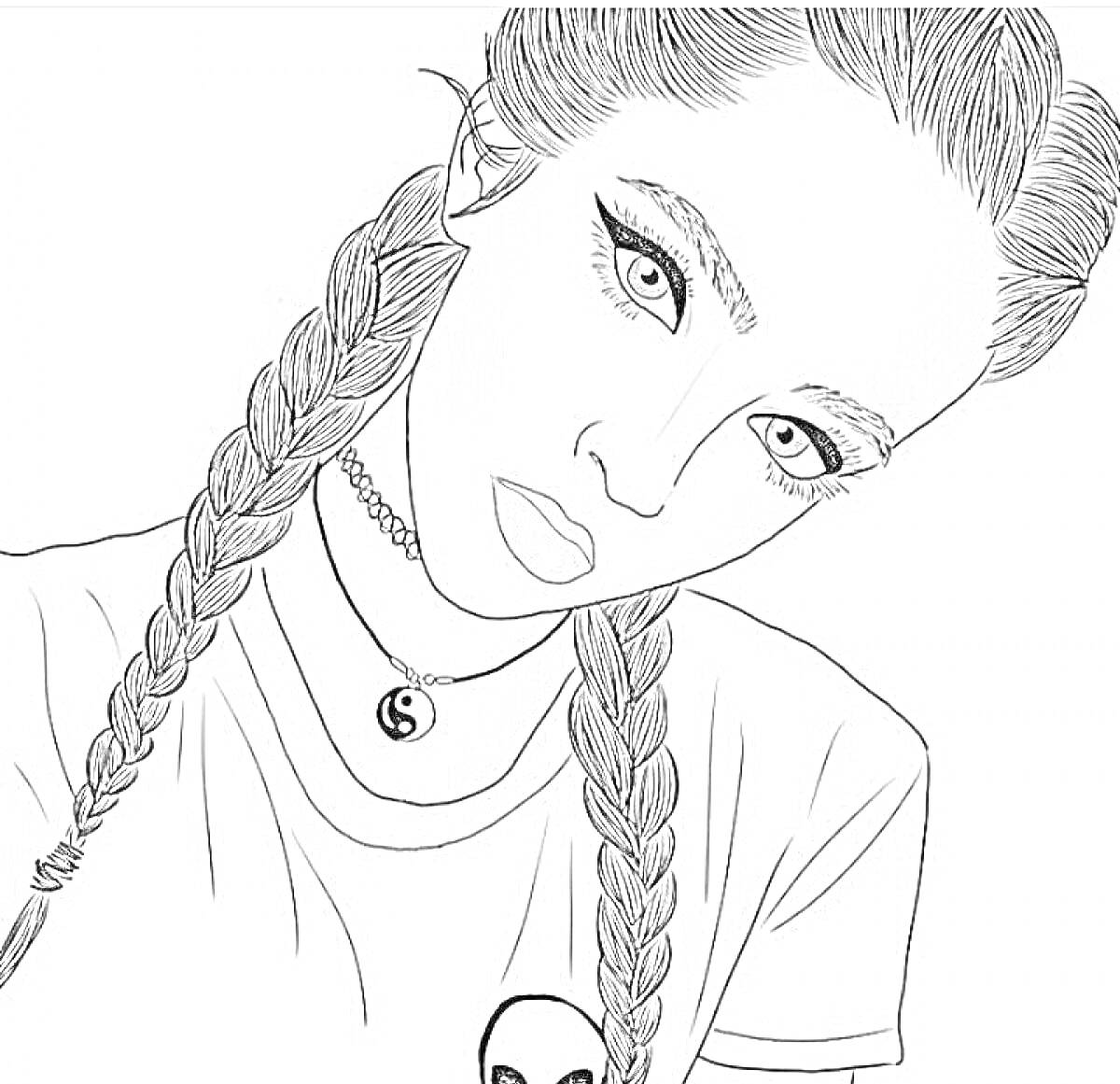 Раскраска Девушка с косами, в футболке с принтом, с ожерельем с подвеской инь-янь