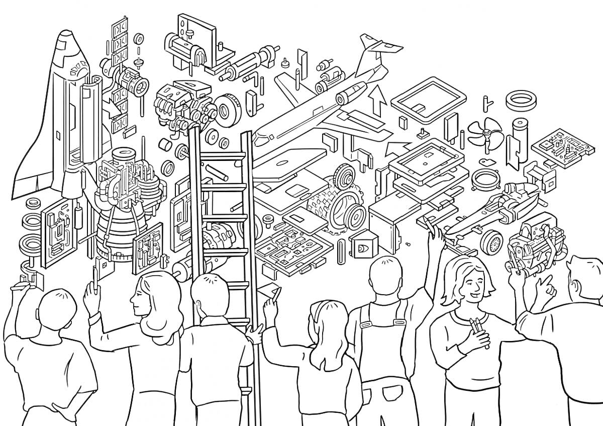 Раскраска Детали игрушек и группа людей на фабрике игрушек