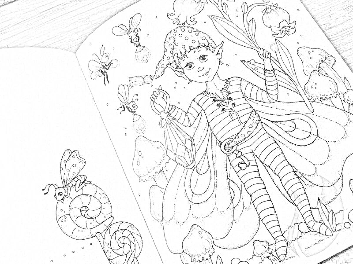 На раскраске изображено: Листья, Цветы, Улитка, Грибы, Пчёлы, Книга, Бабочка, Эльфы