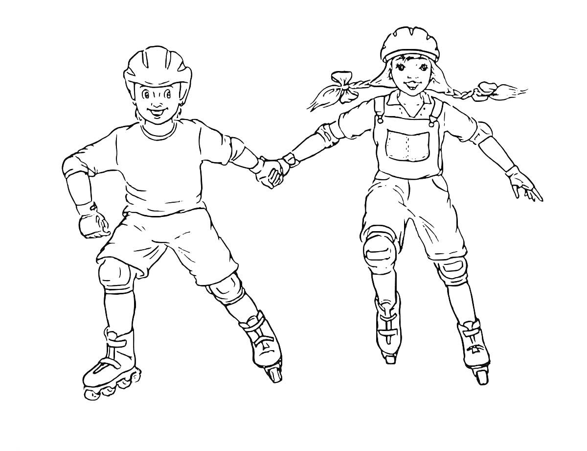 Раскраска Два ребенка на роликах, держащиеся за руки и катающиеся на роликах