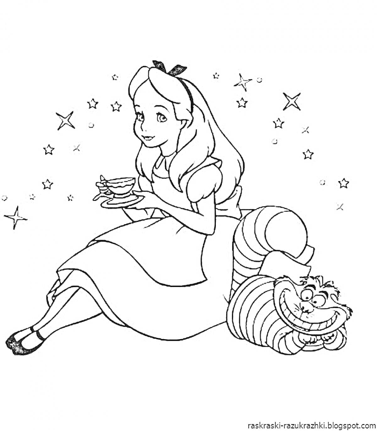 Раскраска Девочка с чашкой чая, сидящая на улыбающемся кошке, вокруг которой звезды