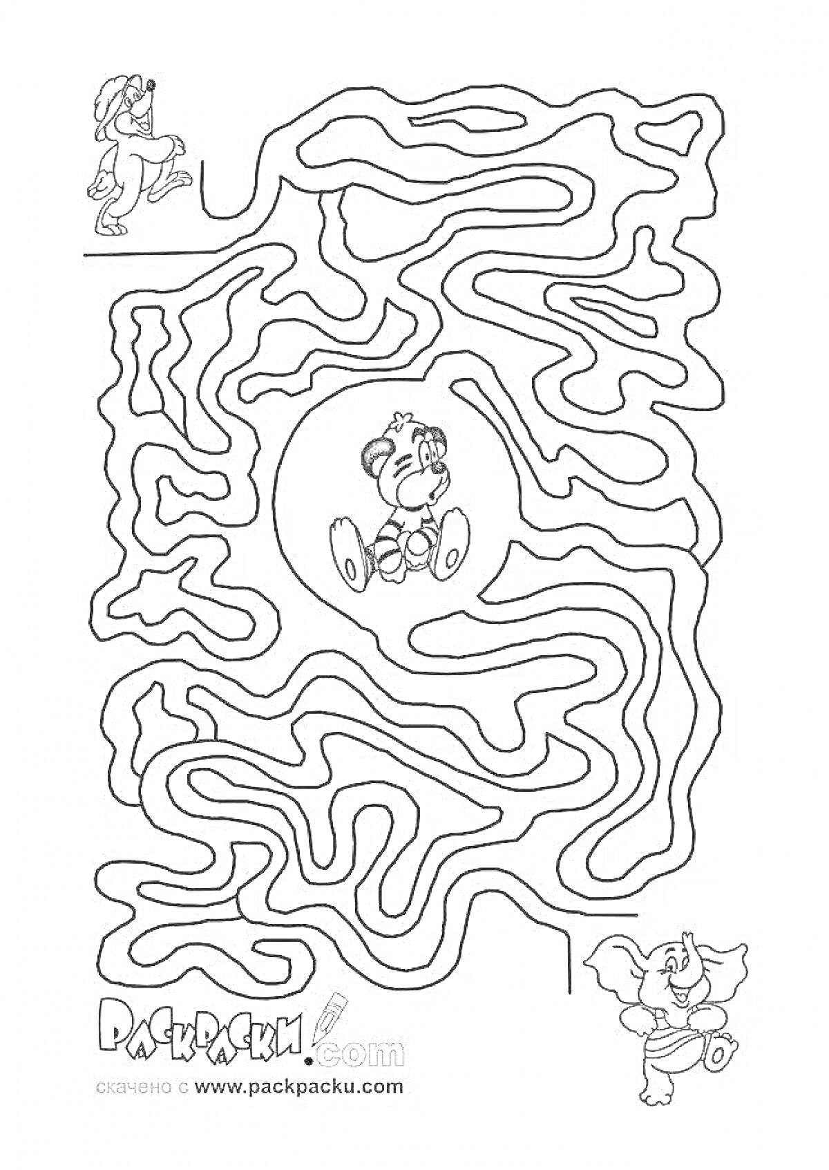 Раскраска Лабиринт с медвежонком на троне и бегущими слоном и мышью
