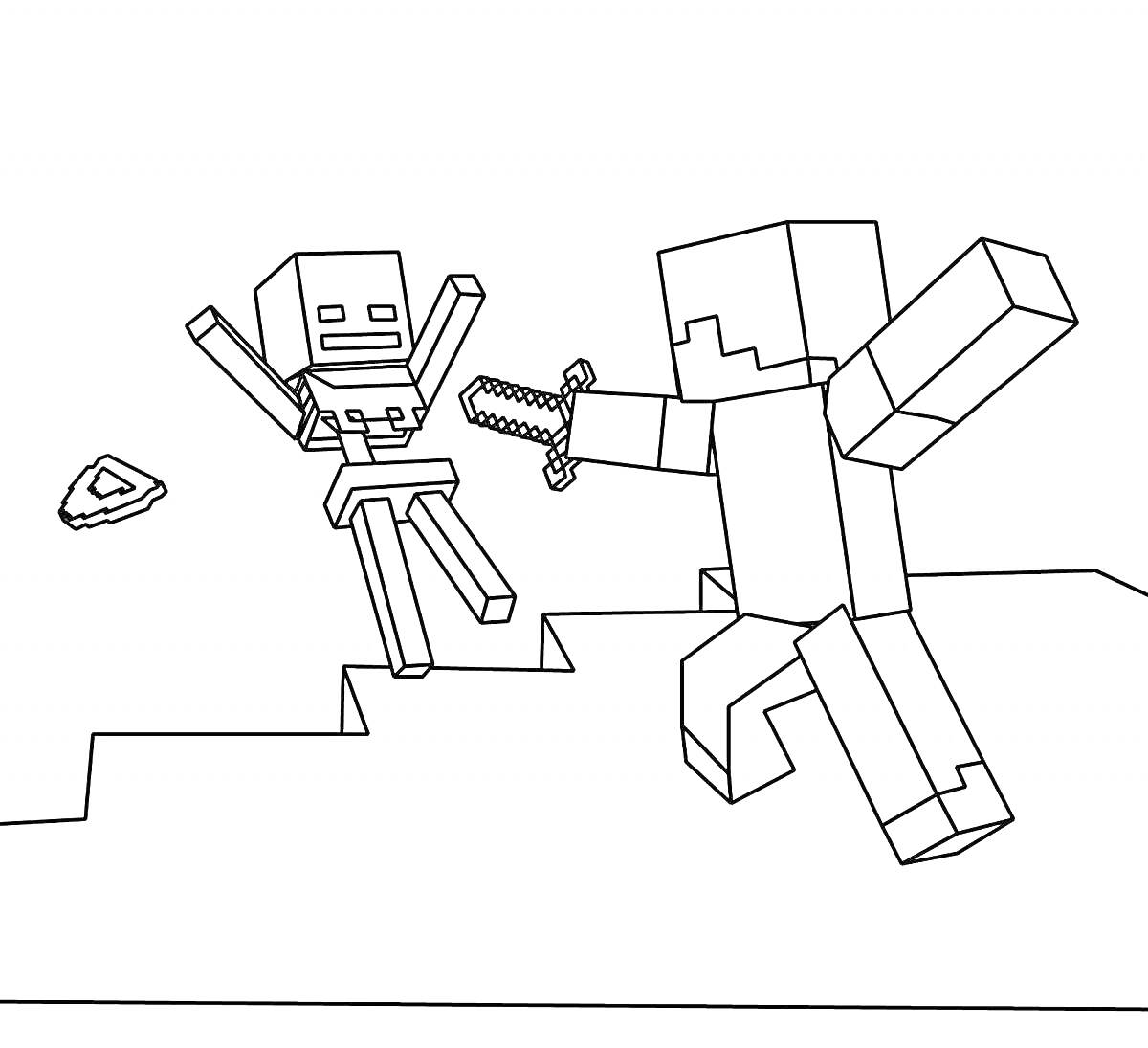 Раскраска Битва персонажей Майнкрафт на ступенях, один из которых вооружен мечом