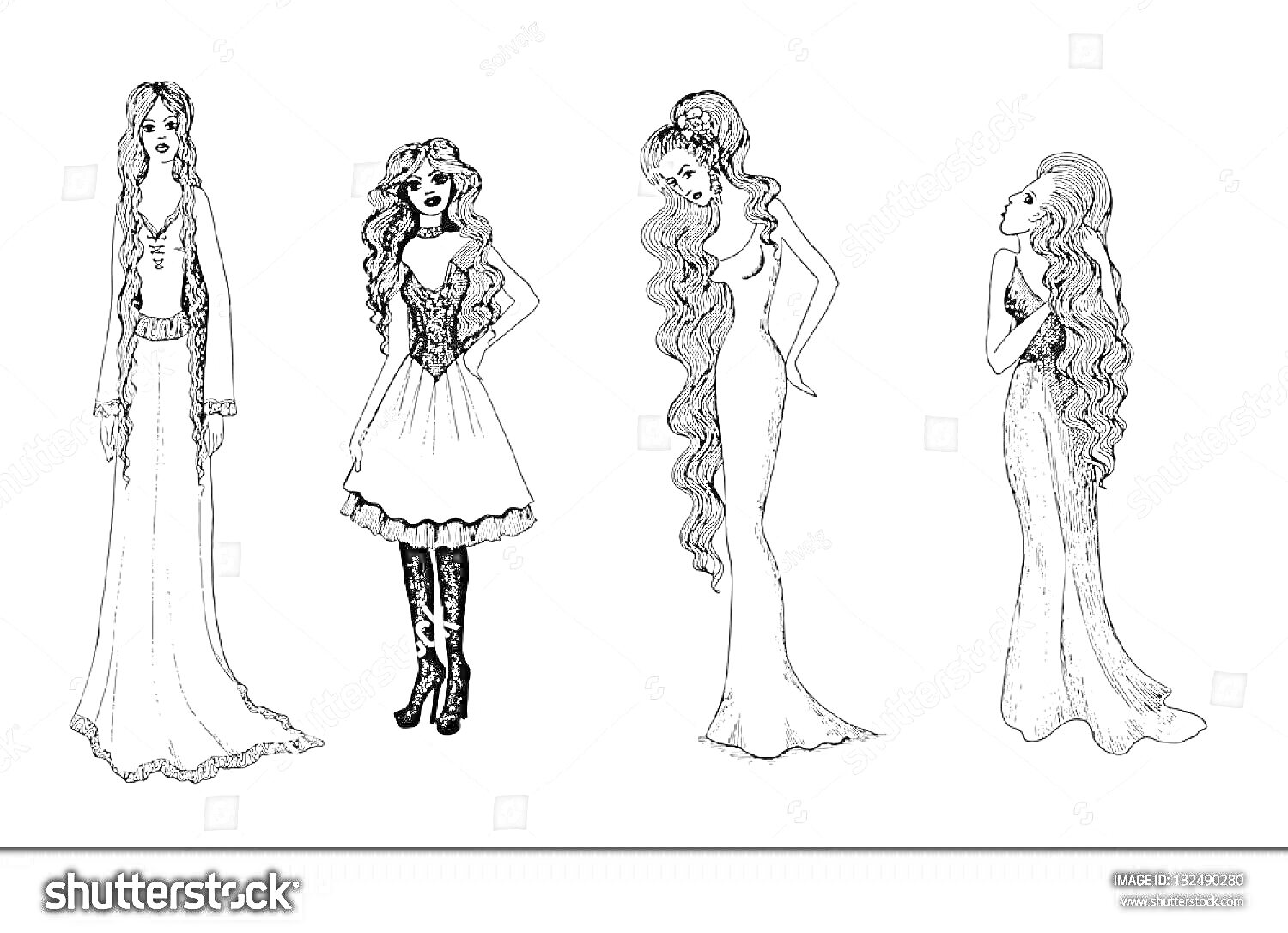 На раскраске изображено: Платье, Длинные волосы, Полный рост, Мода, Ювелирные украшения, Ботинки, Короткое платье, Иллюстрация