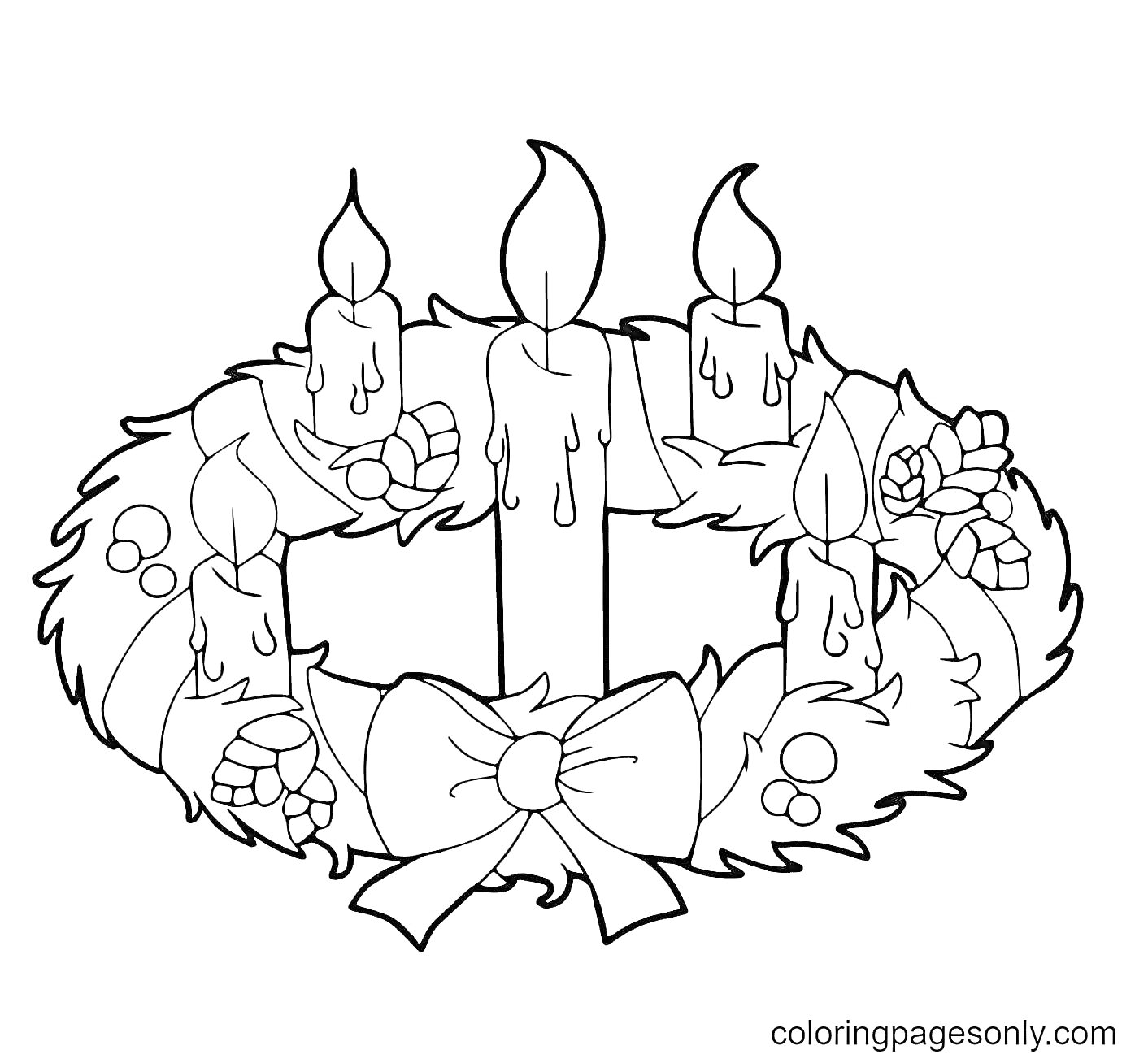 Раскраска Рождественский венок с четырьмя свечами и бантом