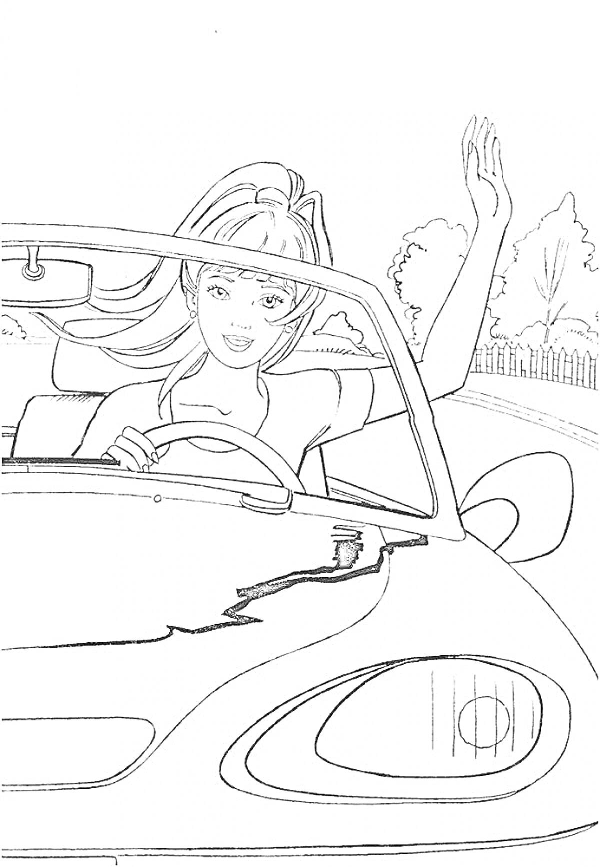 На раскраске изображено: Барби, Деревья, Забор, Вождение, Поднимает руку, Авто, Пейзаж