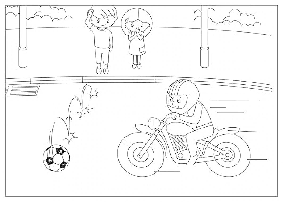 На раскраске изображено: Пдд, Безопасность, Мотоцикл, Движение, Игра, Переход, Цветы, Пешеходы