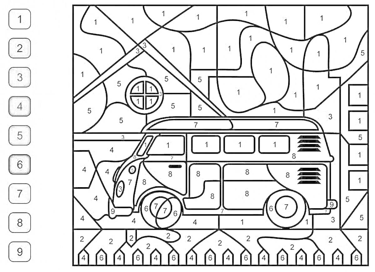 На раскраске изображено: Фургон, Дом, Забор, Транспорт, Архитектура, Для детей